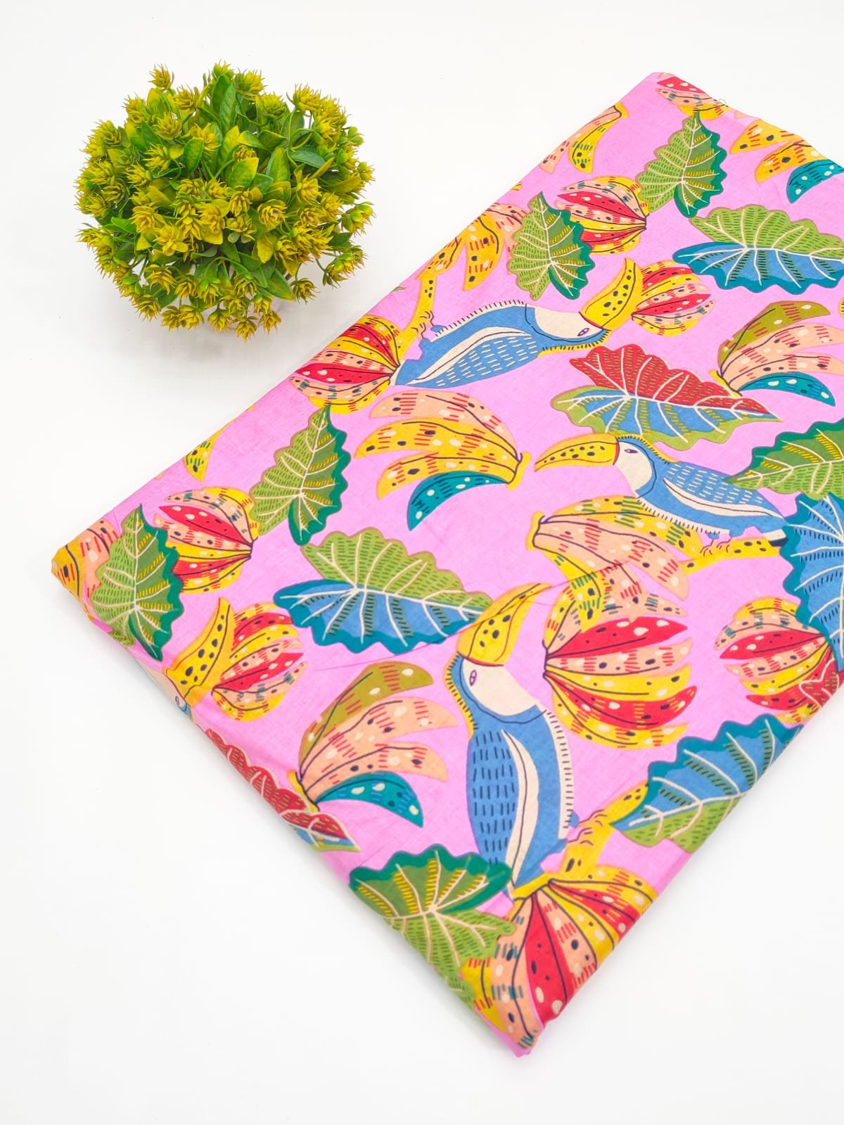 Pink Tropical Bird Motif Screen Print Pure Cotton Fabric