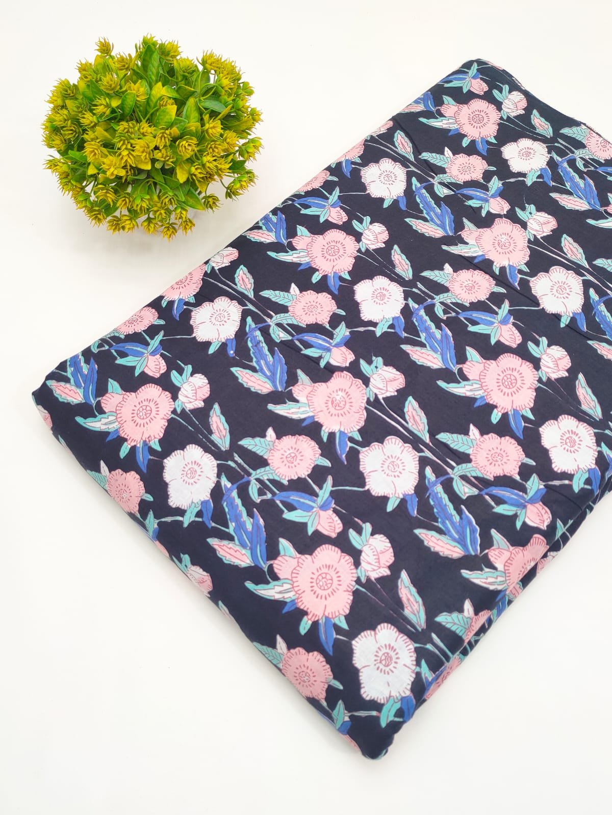 Navy Floral Screen Print Pure Cotton Fabric