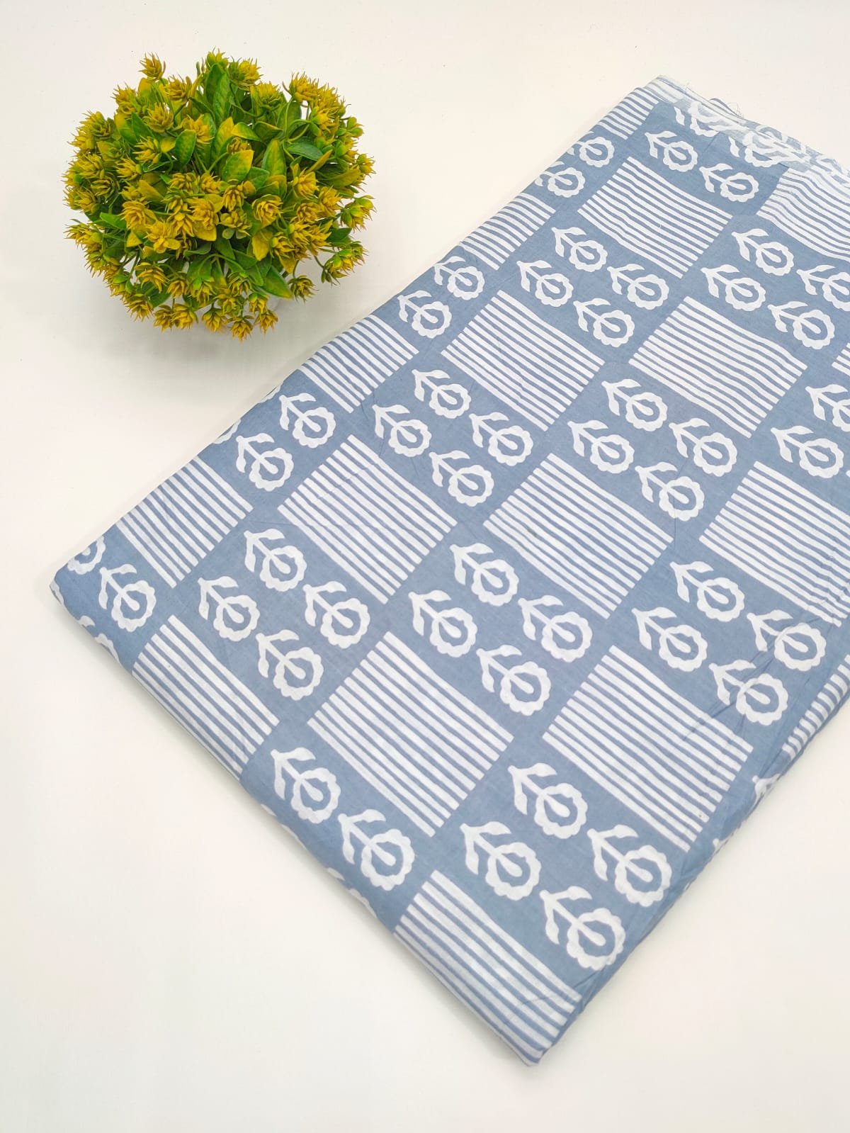 Sky Blue Floral Grid Screen Print Pure Cotton Fabric