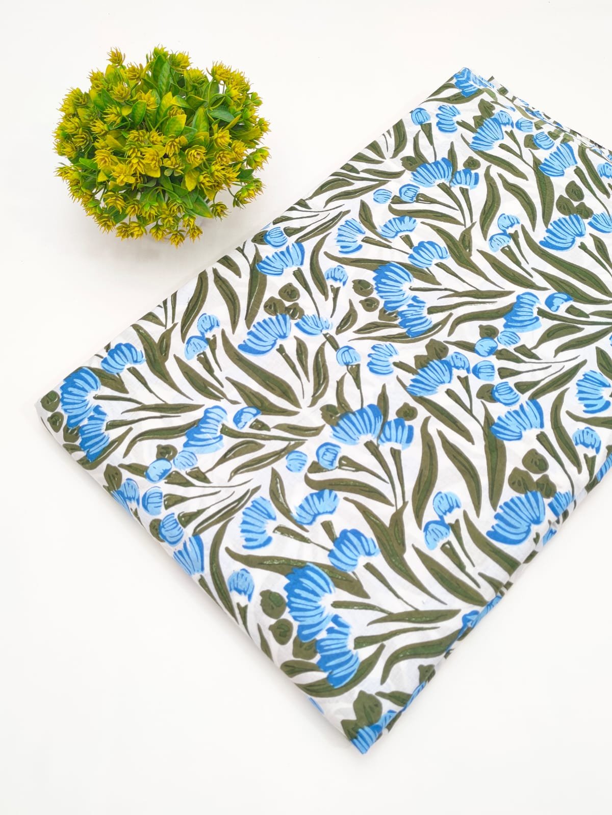 White Blue Floral Screen Print Pure Cotton Fabric