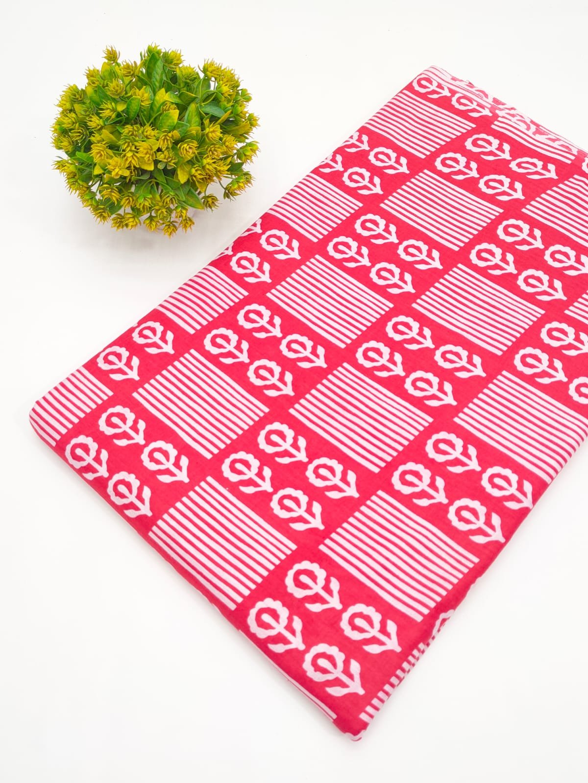 Red Geometric Screen Print Pure Cotton Fabric