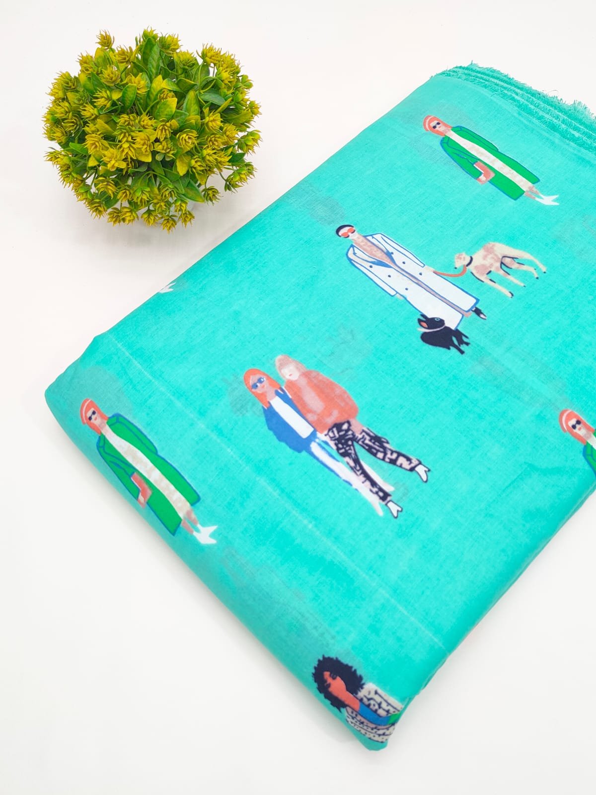 Teal People Motif Screen Print Pure Cotton Fabric