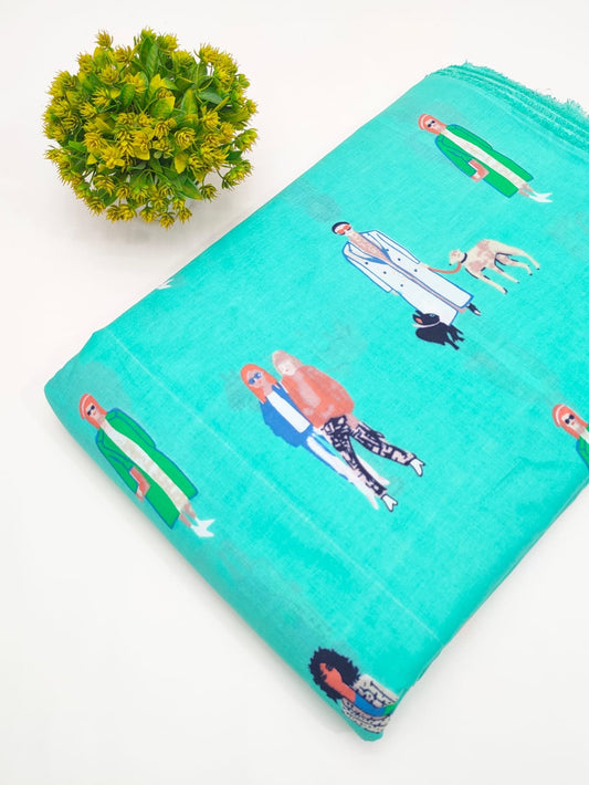 Teal People Motif Screen Print Pure Cotton Fabric