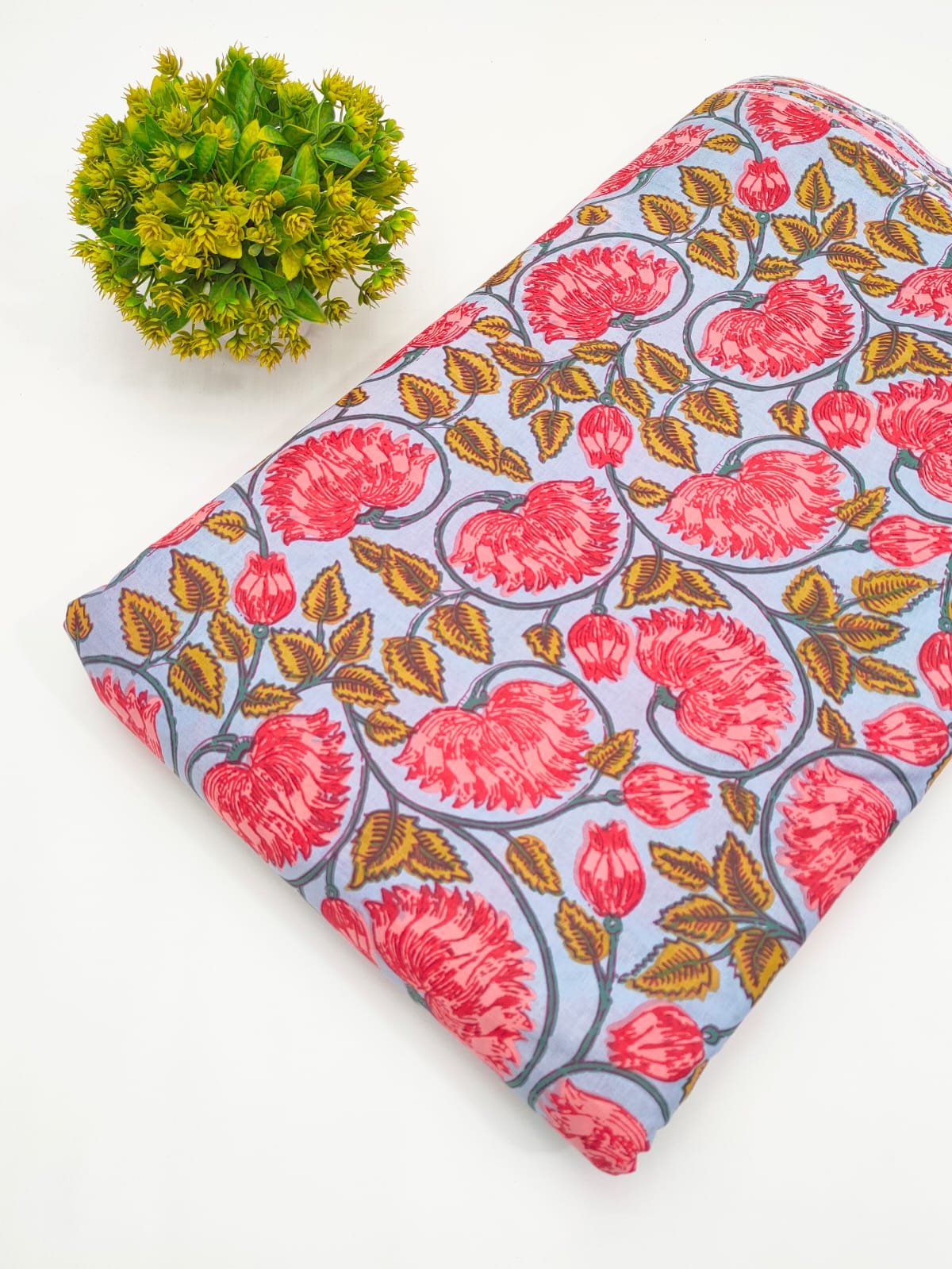 Light Blue Floral Screen Print Pure Cotton Fabric