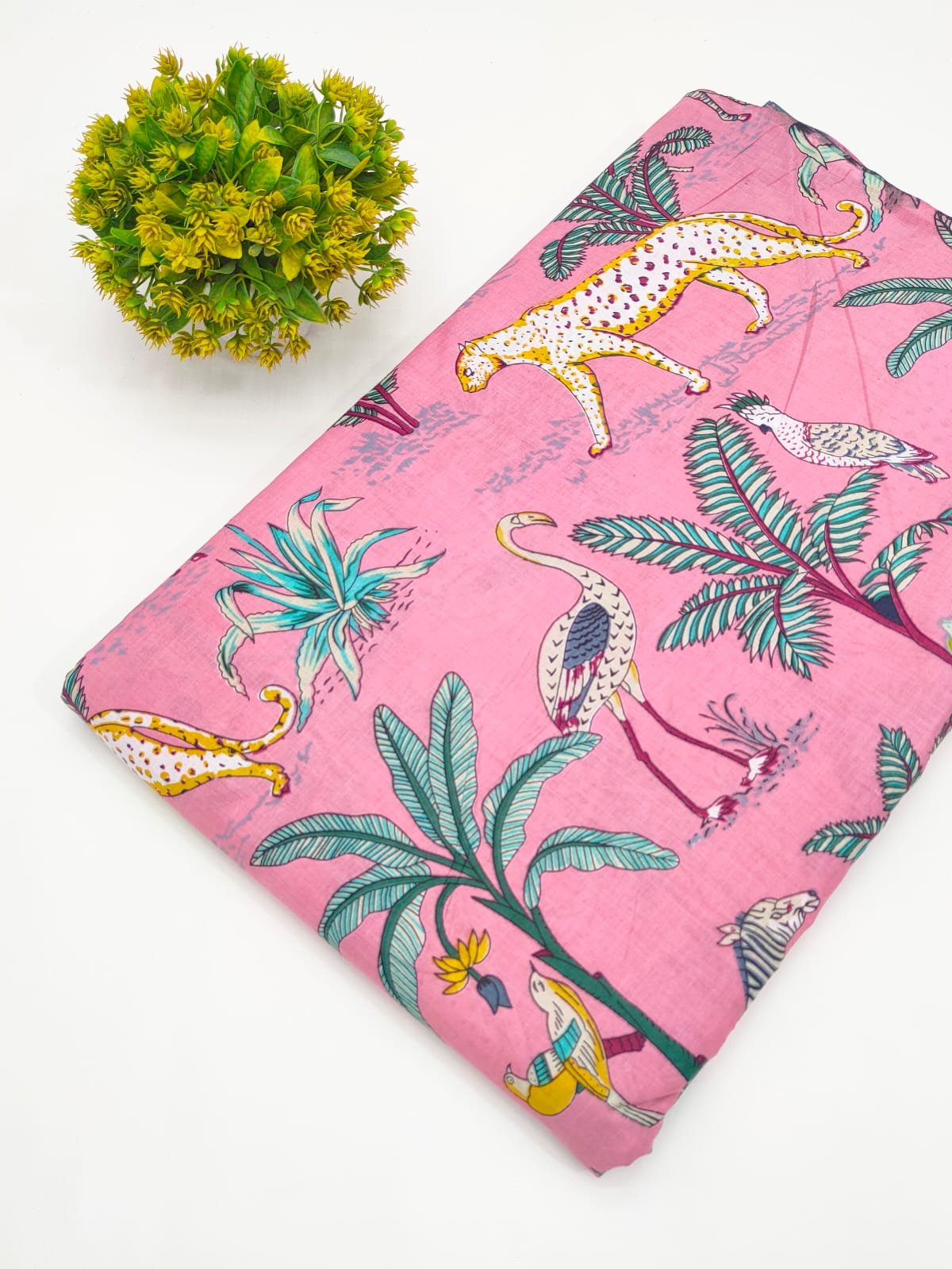 Pink Tropical Animal Print Screen Print Pure Cotton Fabric