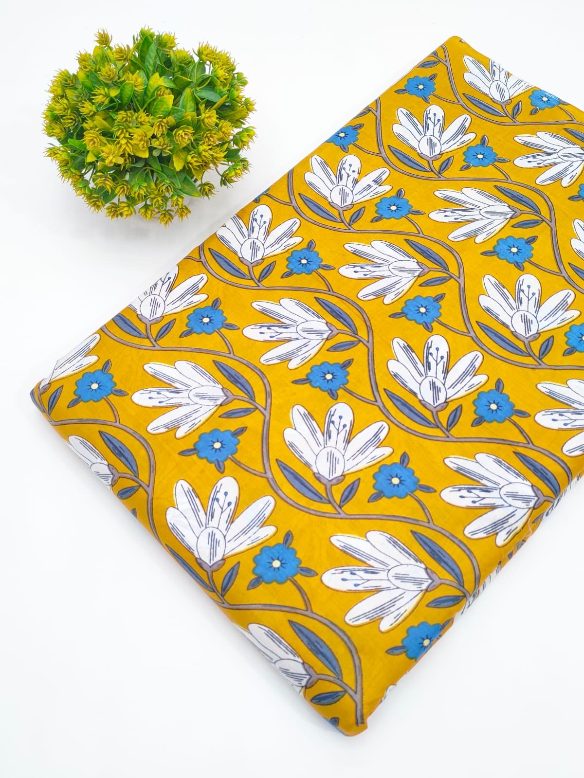 Mustard Floral Screen Print Pure Cotton Fabric