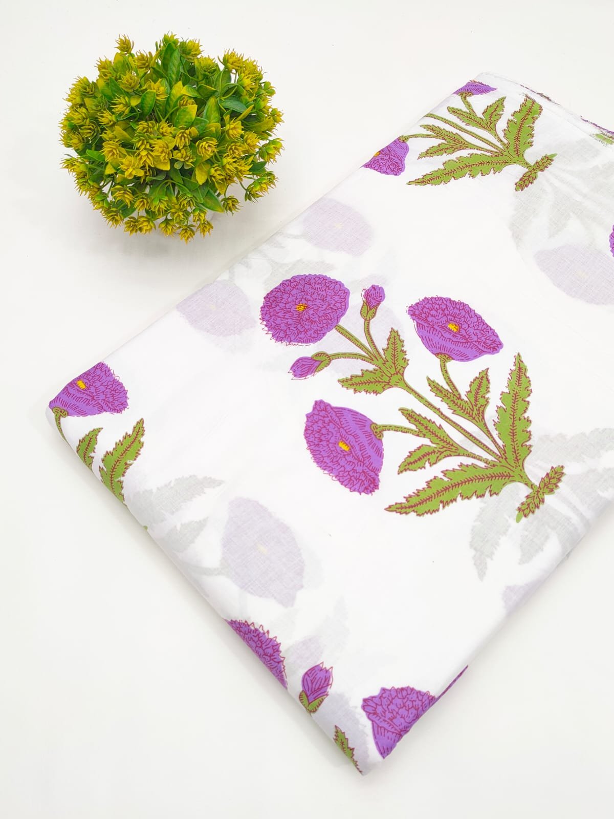White Floral Screen Print Pure Cotton Fabric