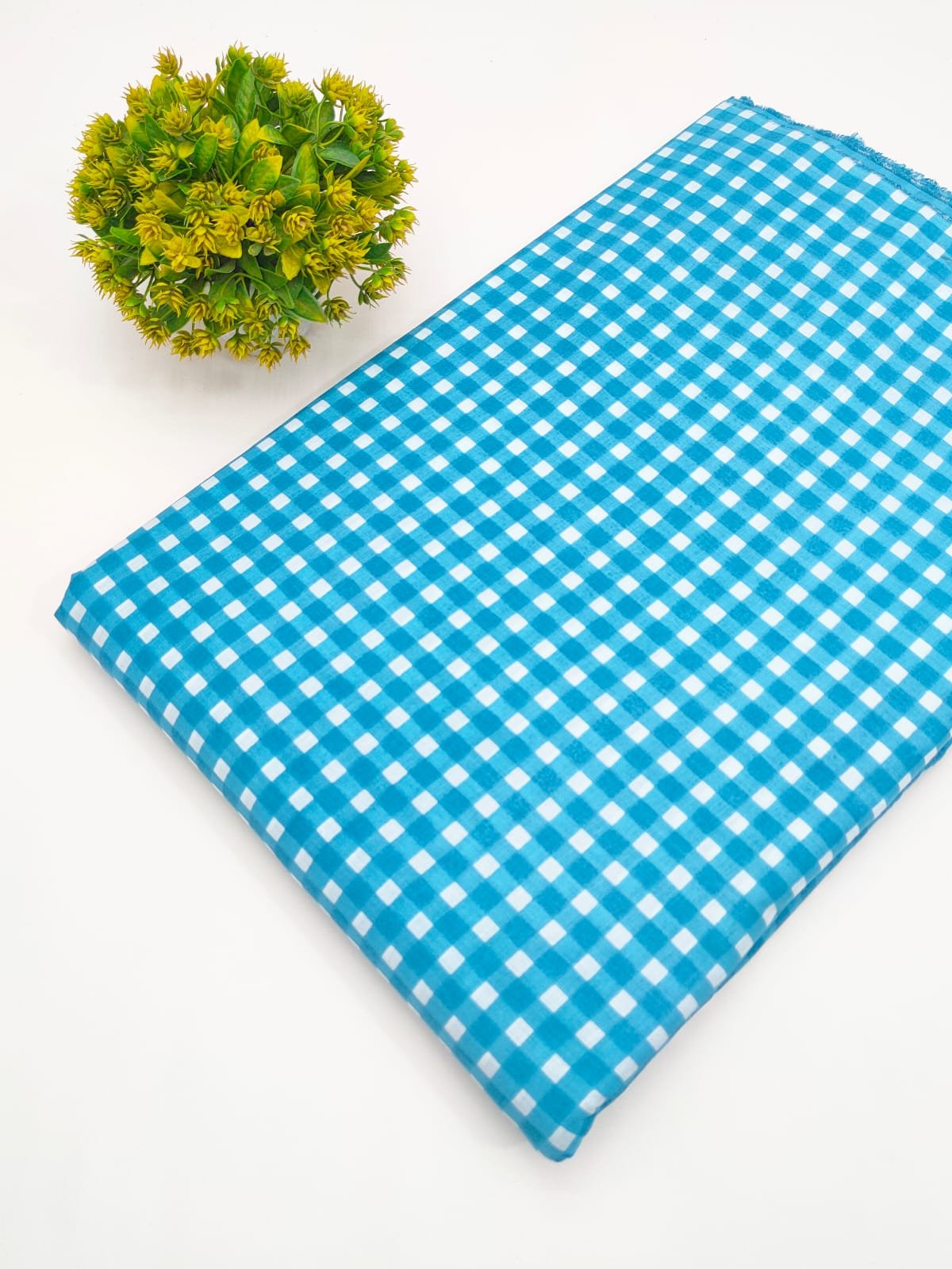 Turquoise Checkered Screen Print Pure Cotton Fabric