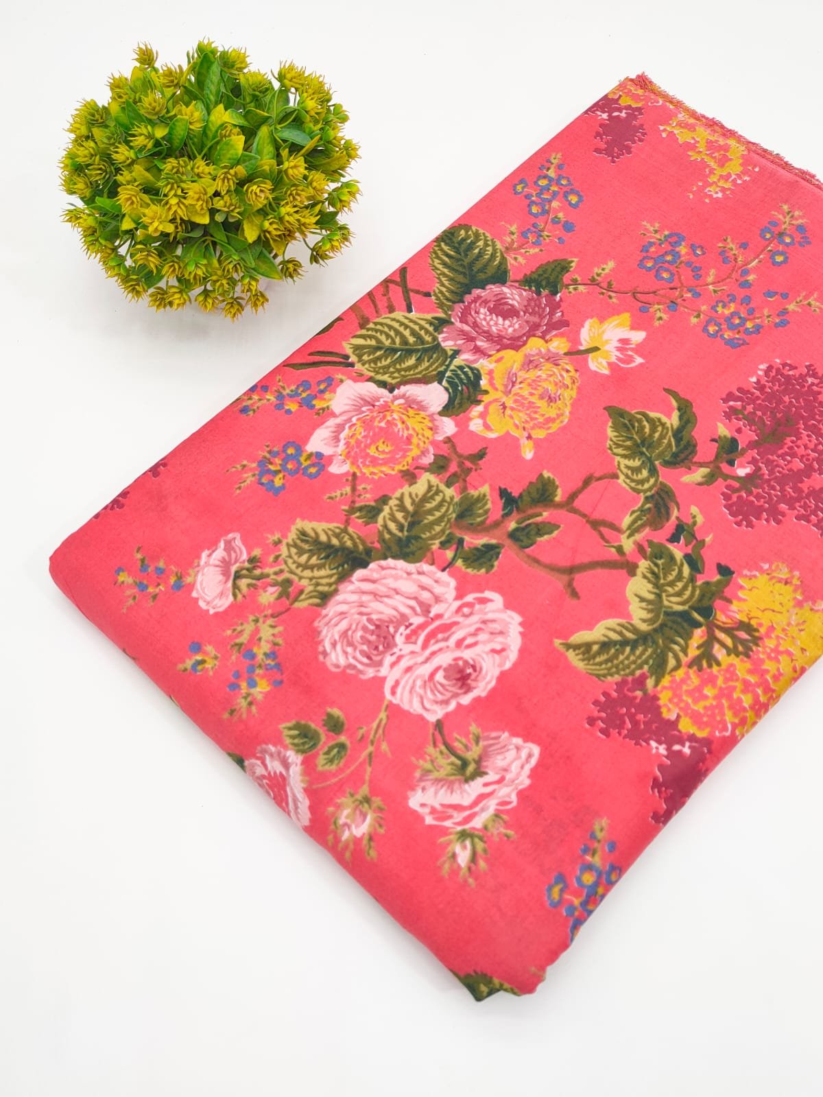 Coral Floral Screen Print Pure Cotton Fabric