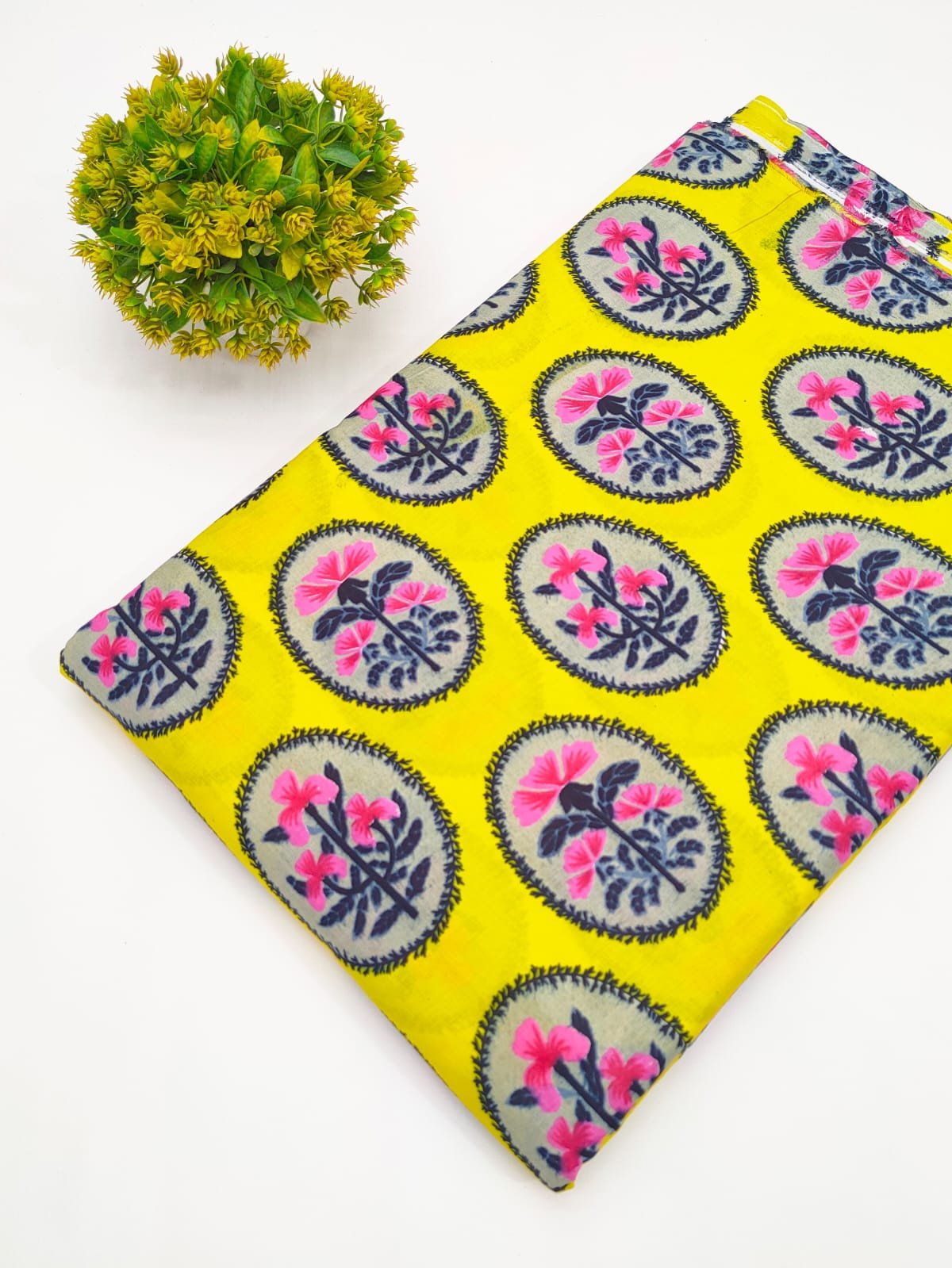 Yellow Floral Screen Print Pure Cotton Fabric