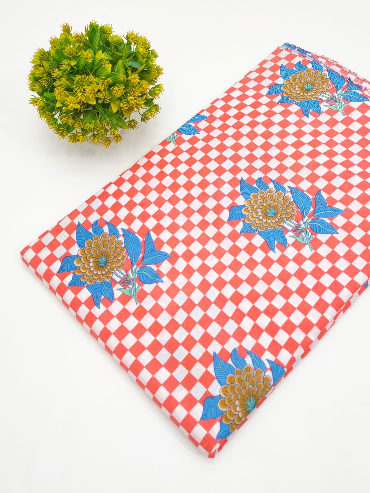 Red Floral Checkered Screen Print Pure Cotton Fabric
