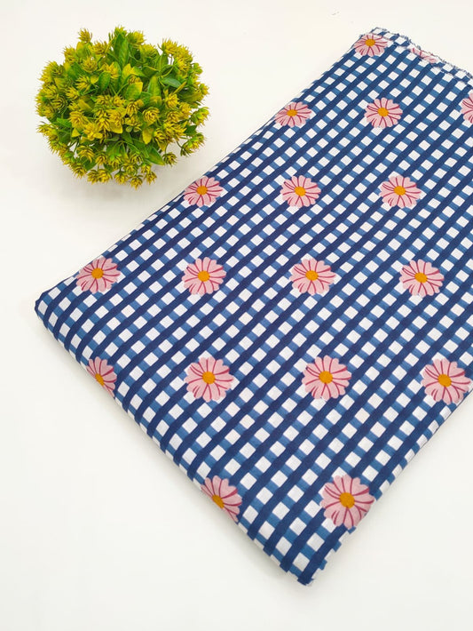 Navy Blue Floral Checkered Screen Print Pure Cotton Fabric
