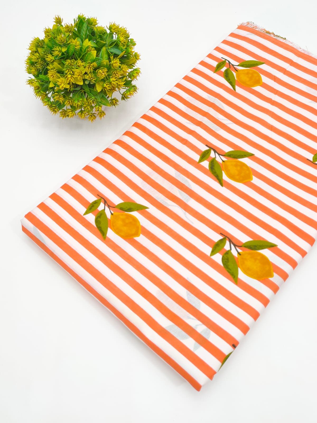 Orange Striped Lemon Print Screen Print Pure Cotton Fabric