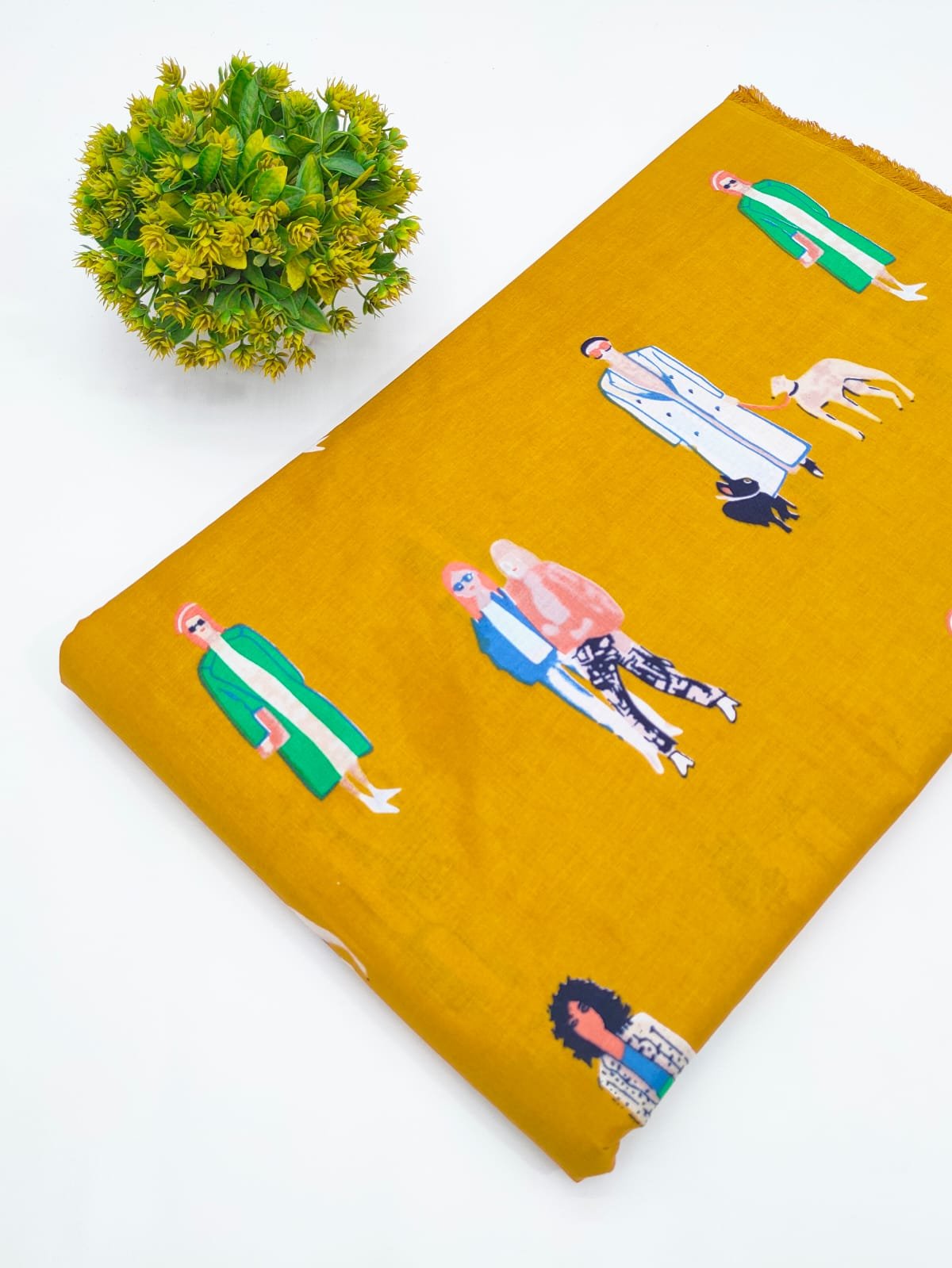 Mustard People Motif Screen Print Pure Cotton Fabric