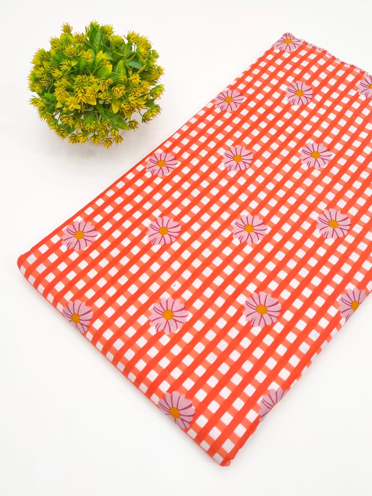 Red Checked Floral Screen Print Pure Cotton Fabric