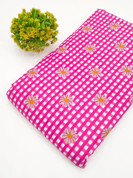 Pink Checked Floral Screen Print Pure Cotton Fabric
