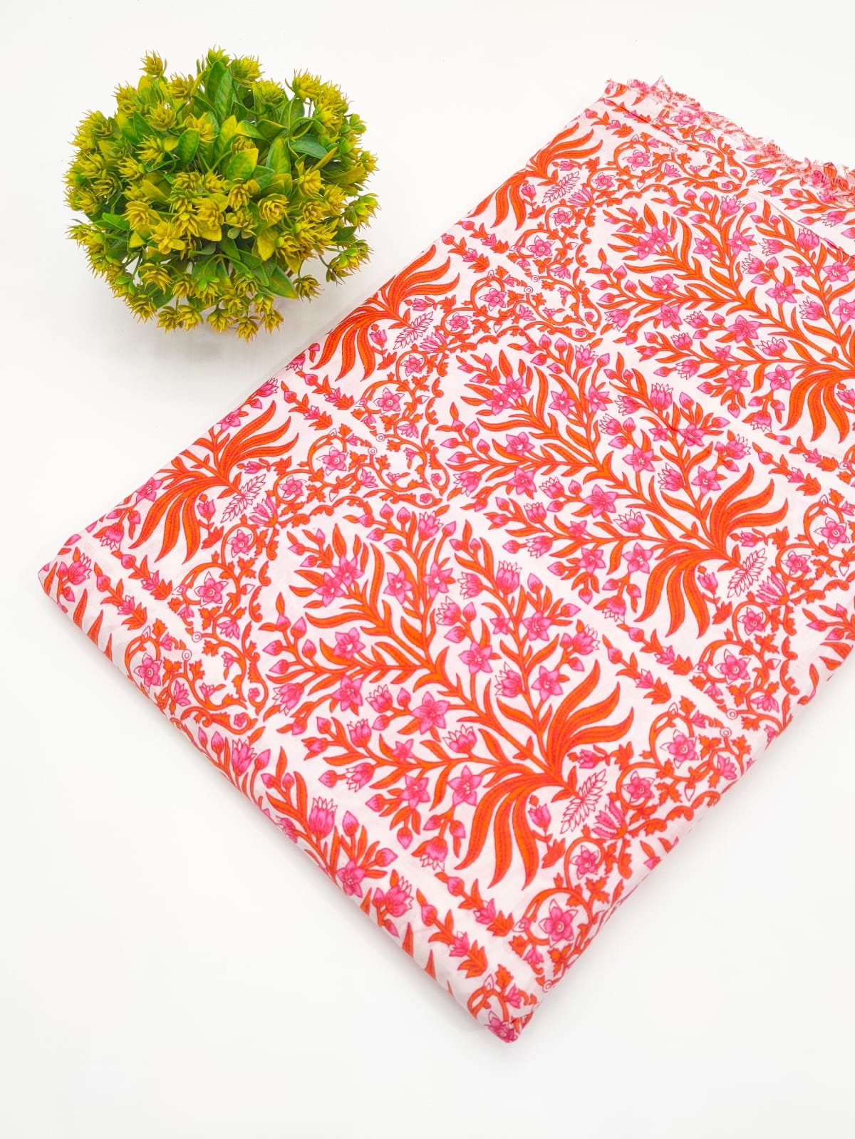 Coral Floral Screen Print Pure Cotton Fabric