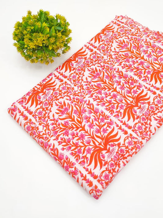 Coral Floral Screen Print Pure Cotton Fabric
