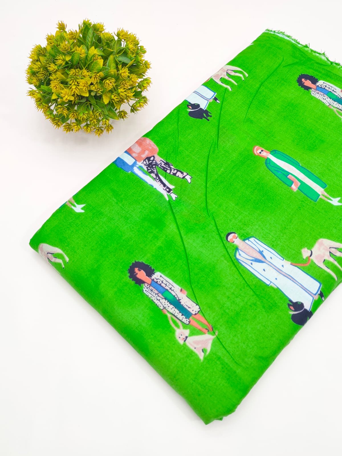 Lime Green Character Print Screen Print Pure Cotton Fabric