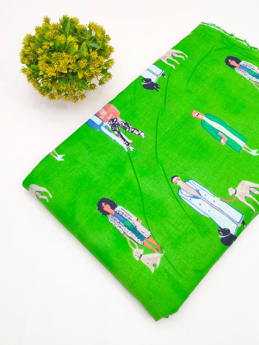 Lime Green Character Print Screen Print Pure Cotton Fabric