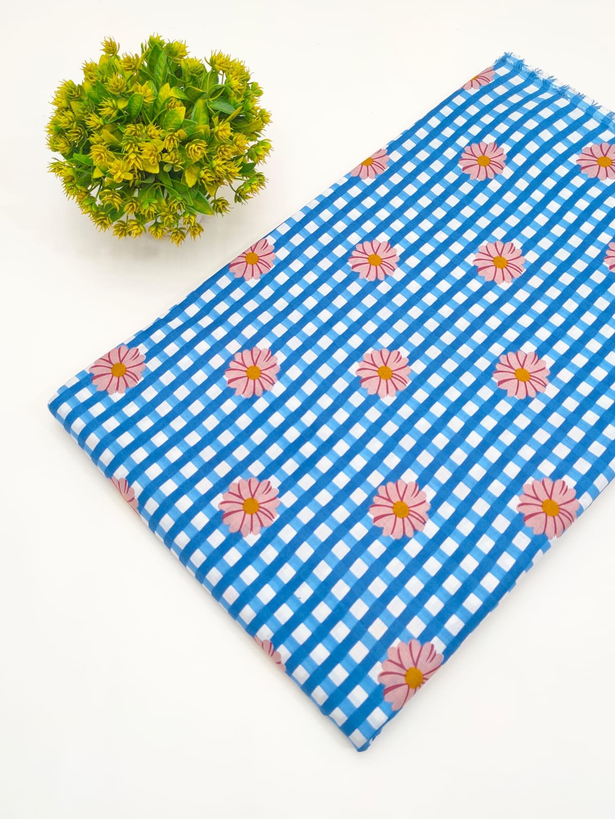 Sky Blue Gingham Floral Screen Print Pure Cotton Fabric