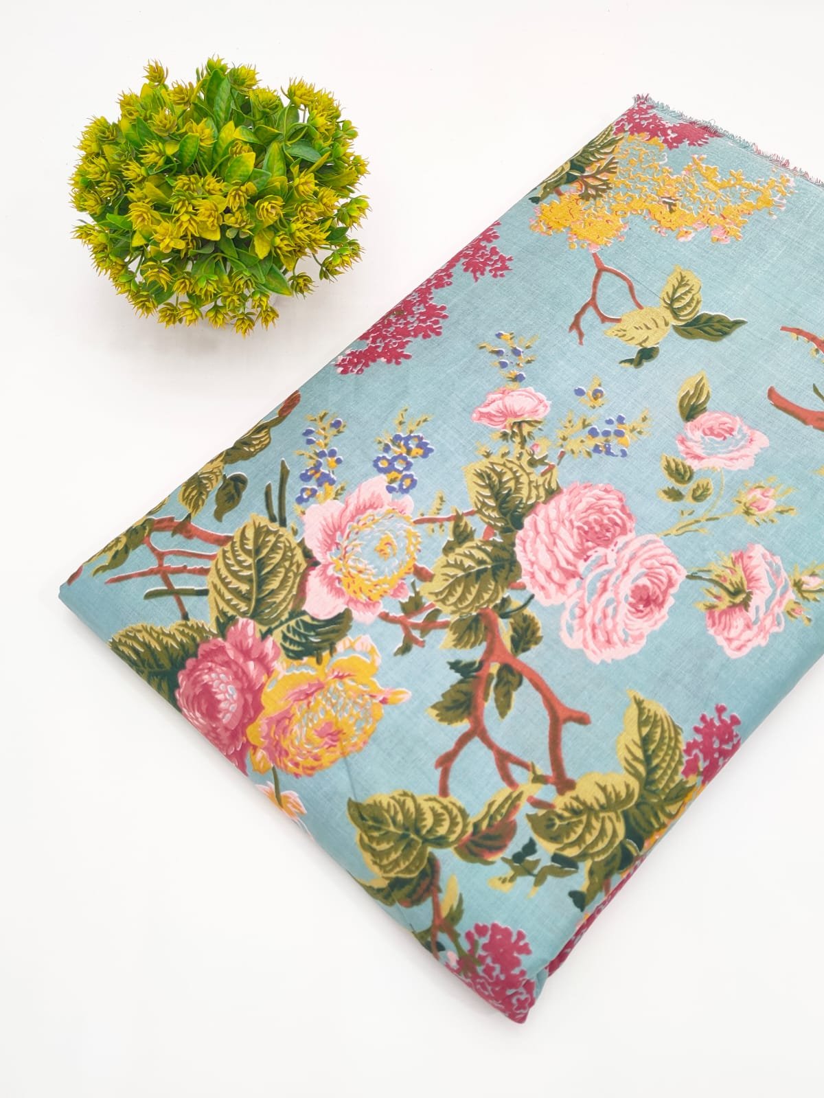 Aqua Floral Screen Print Pure Cotton Fabric