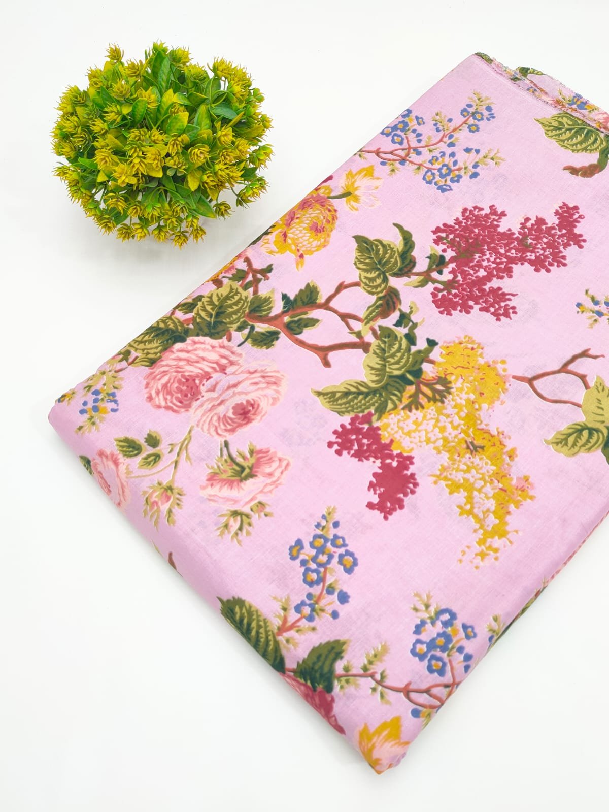 Pink Floral Screen Print Pure Cotton Fabric
