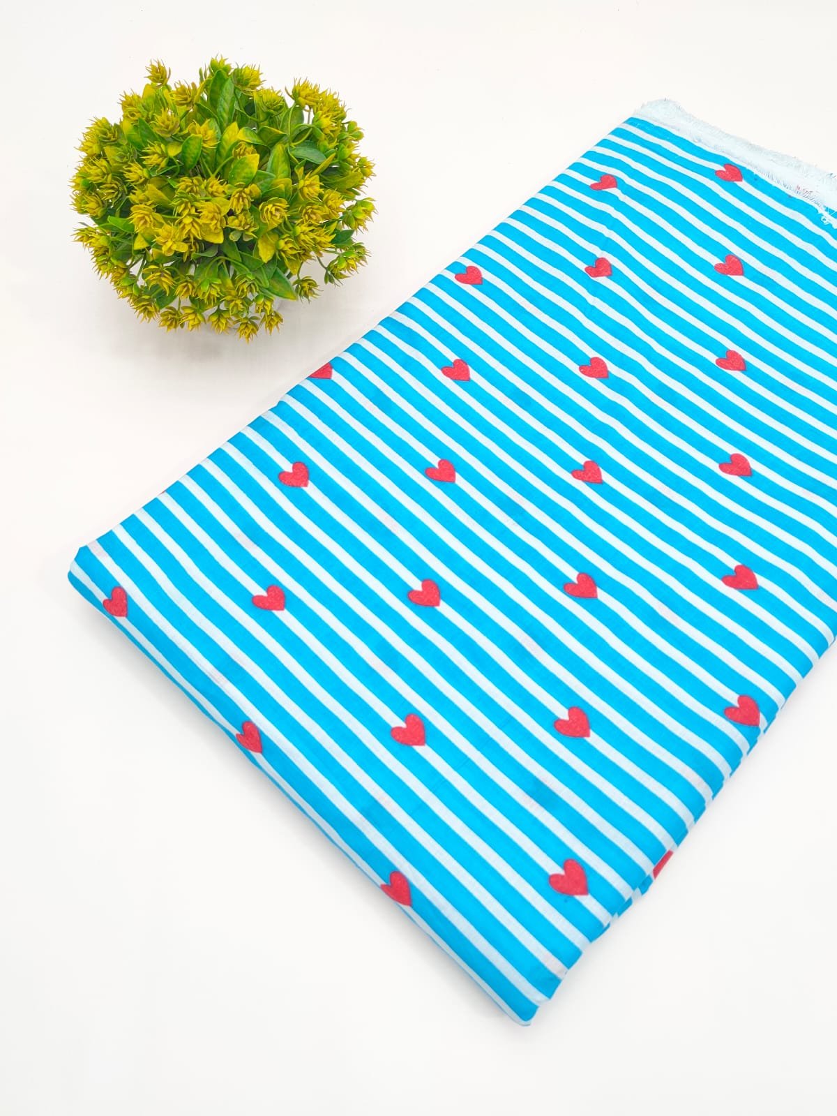 Sky Blue Striped Heart Screen Print Pure Cotton Fabric