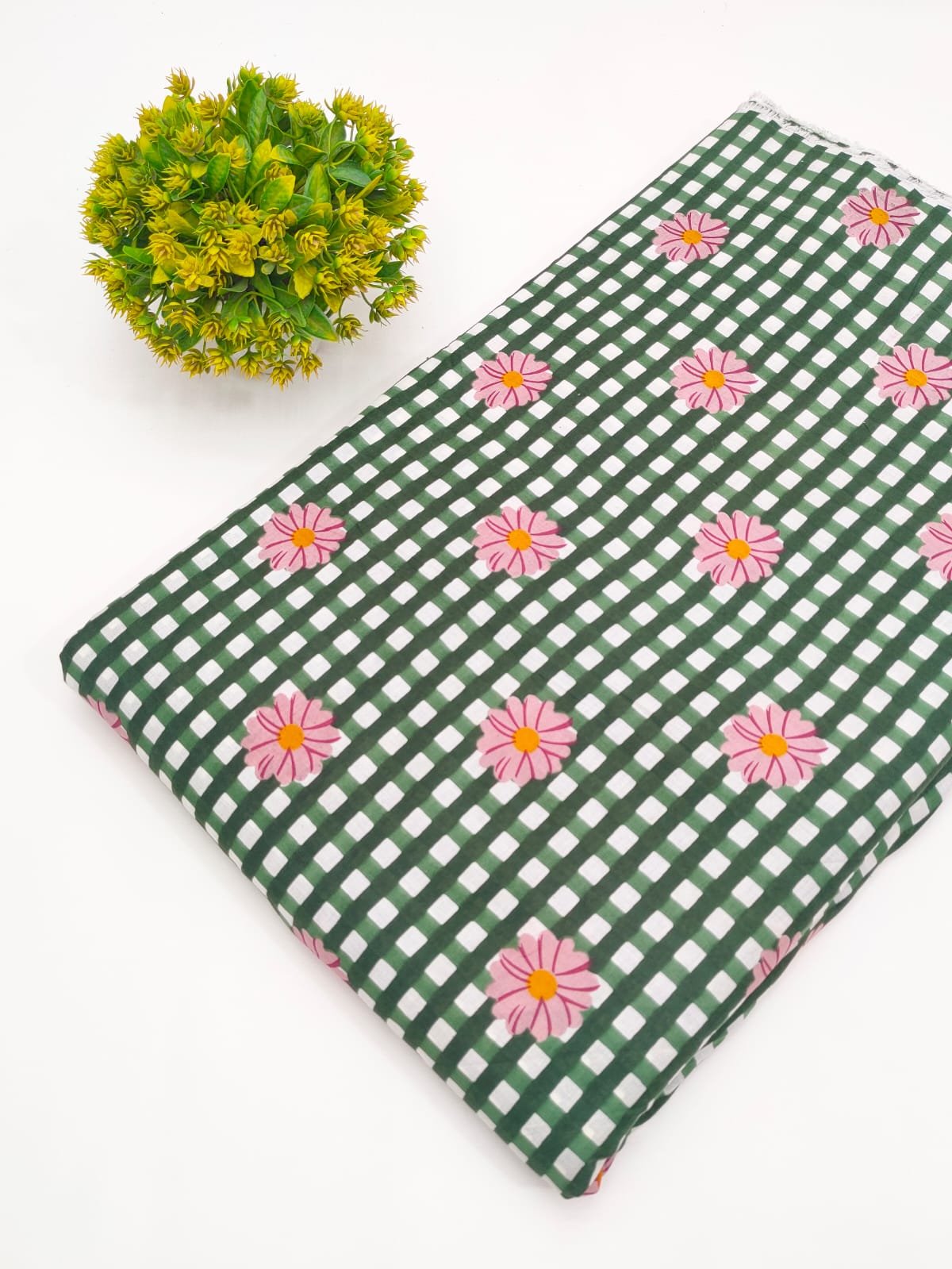 Green Checkered Floral Screen Print Pure Cotton Fabric
