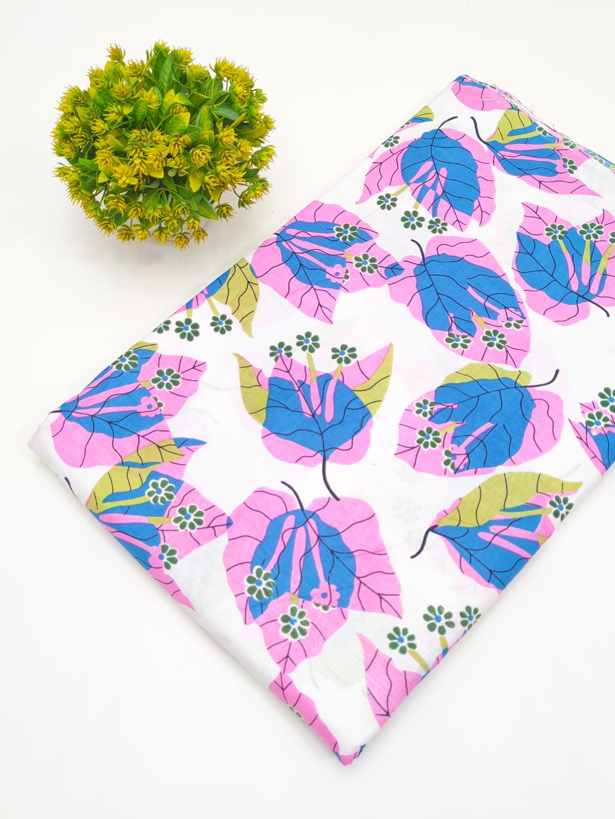 White Leafy Motif Screen Print Pure Cotton Fabric