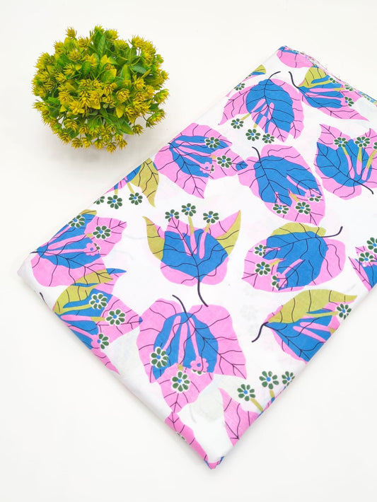 White Leafy Motif Screen Print Pure Cotton Fabric