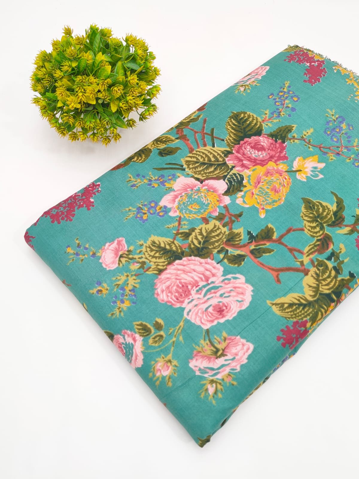 Turquoise Floral Screen Print Pure Cotton Fabric