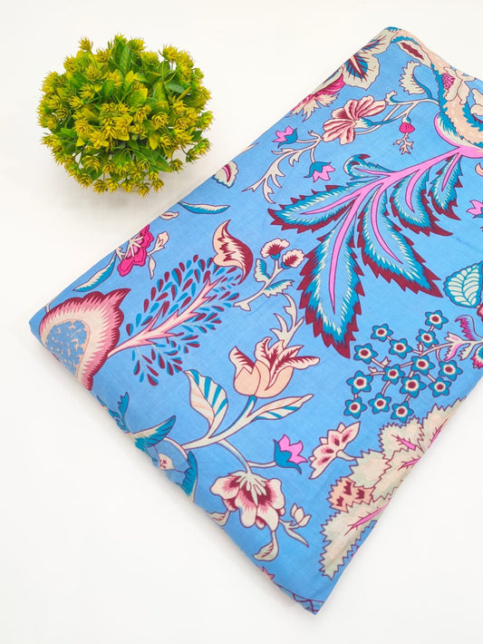 Sky Blue Floral Screen Print Pure Cotton Fabric