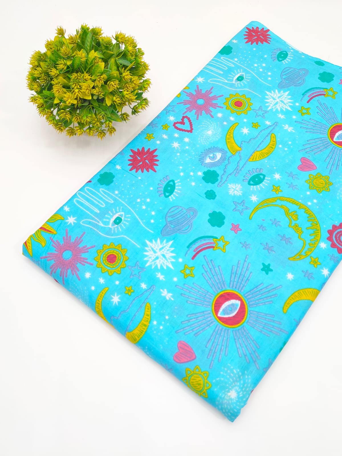 Turquoise Celestial Screen Print Pure Cotton Fabric