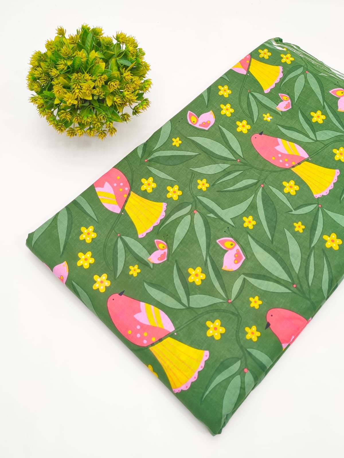 Olive Green Bird Motif Screen Print Pure Cotton Fabric