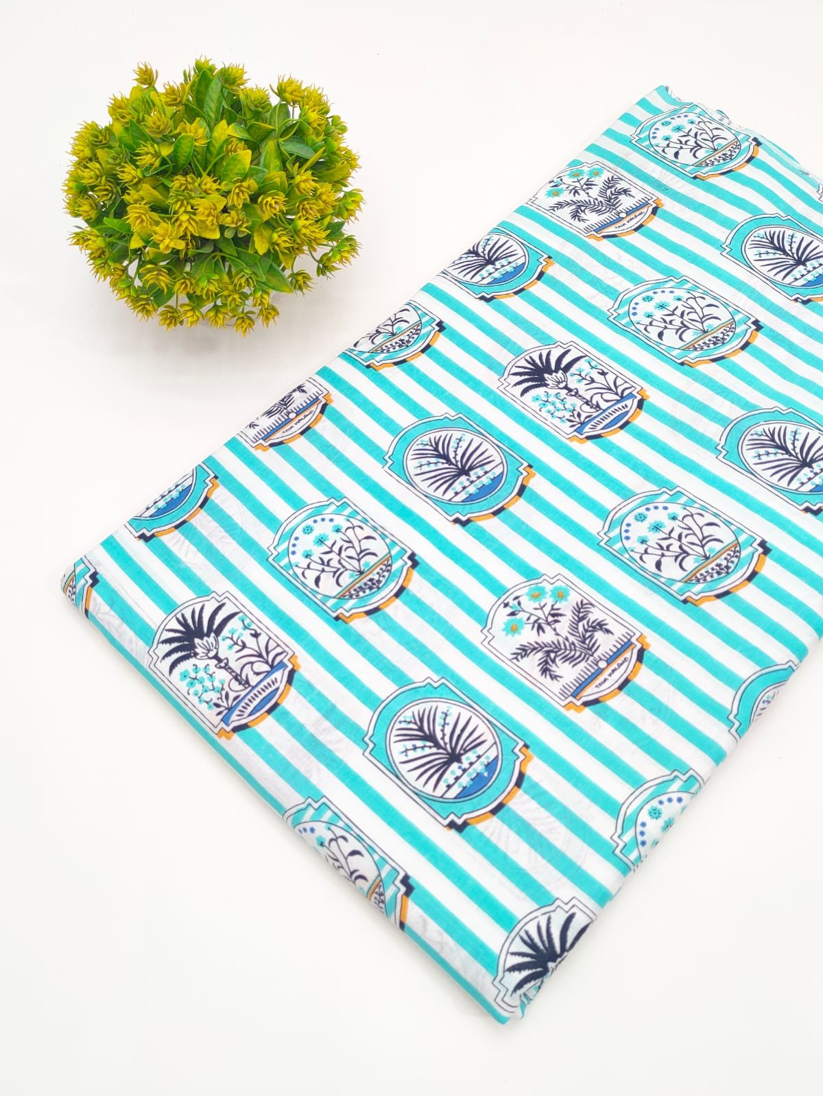 Turquoise Striped Floral Screen Print Pure Cotton Fabric