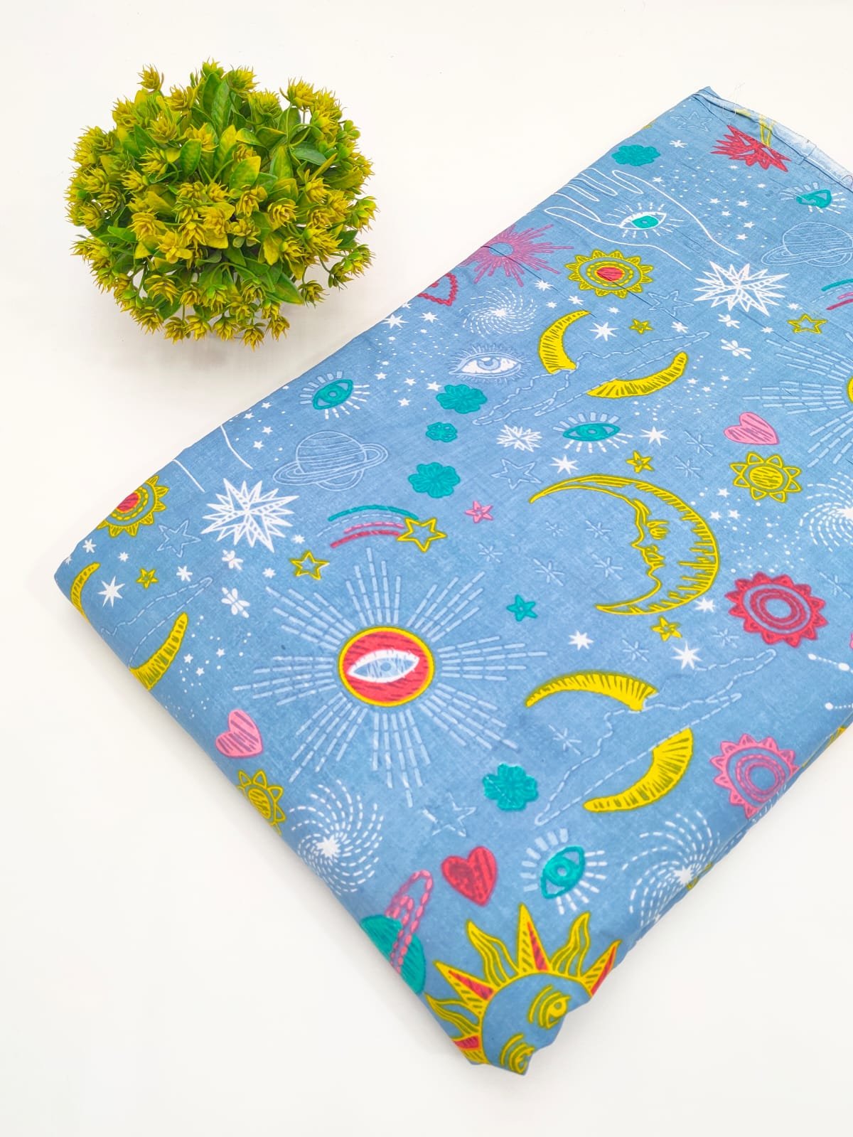 Sky Blue Celestial Screen Print Pure Cotton Fabric