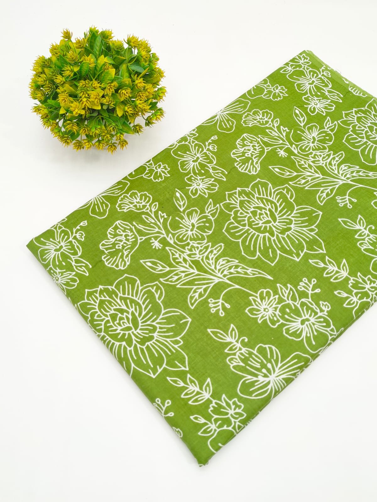 Olive Green Floral Screen Print Pure Cotton Fabric