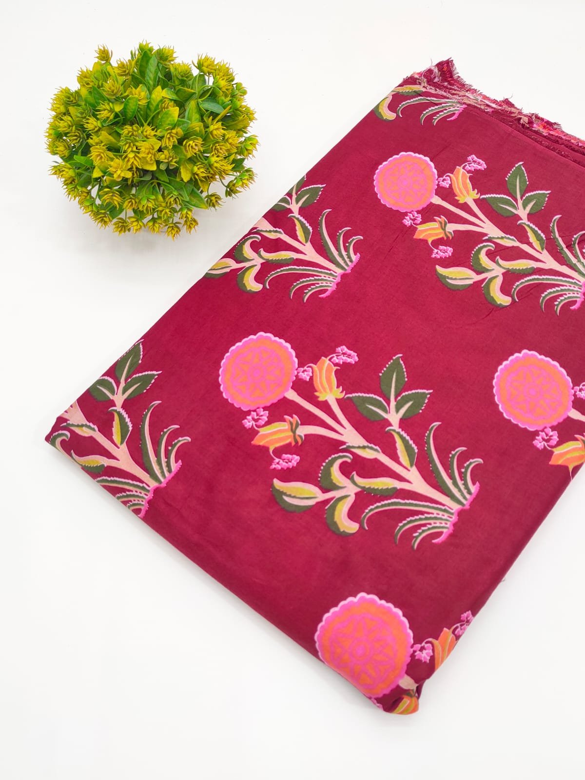 Maroon Floral Screen Print Pure Cotton Fabric