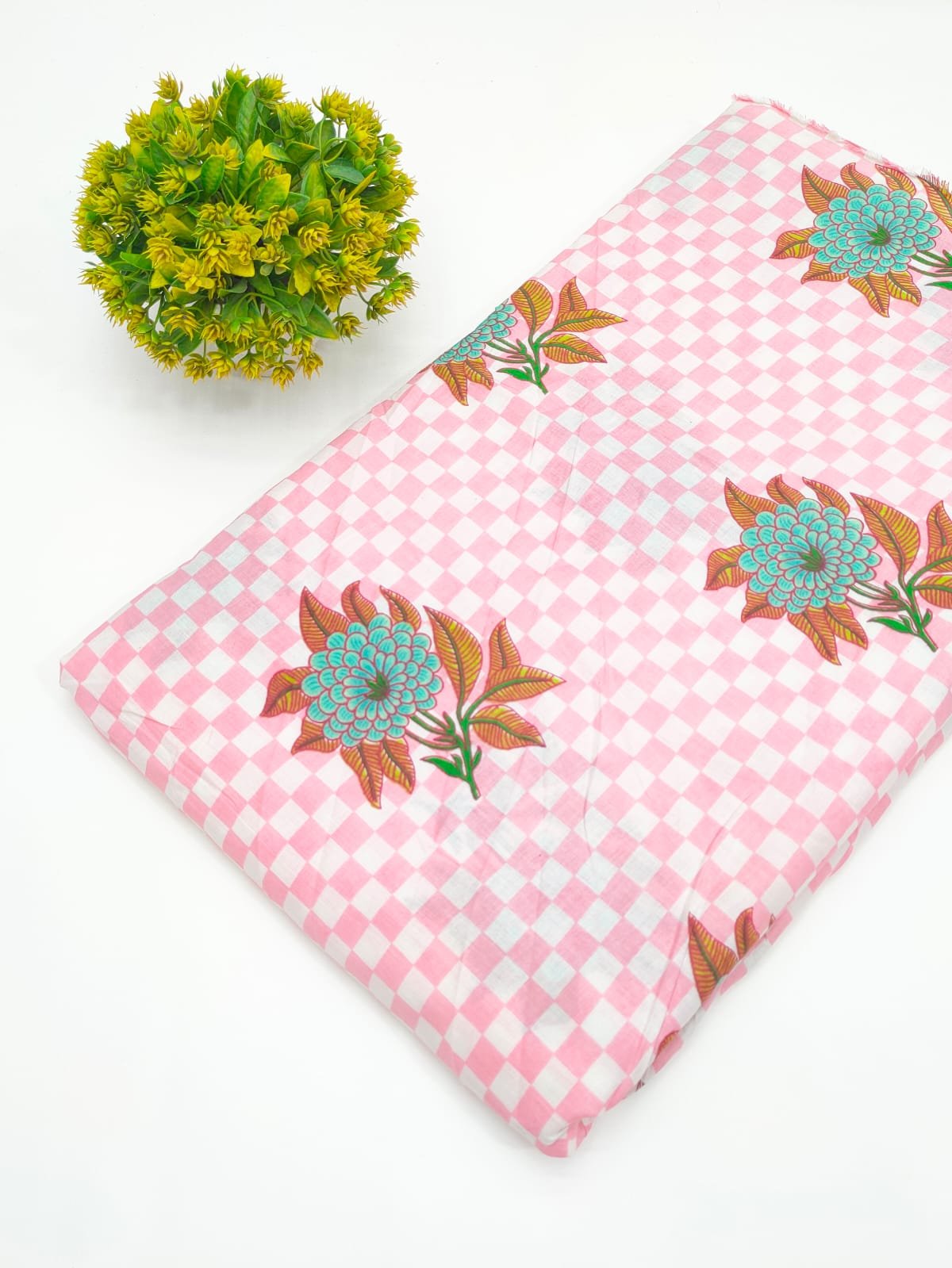 Pink Checkered Floral Screen Print Pure Cotton Fabric