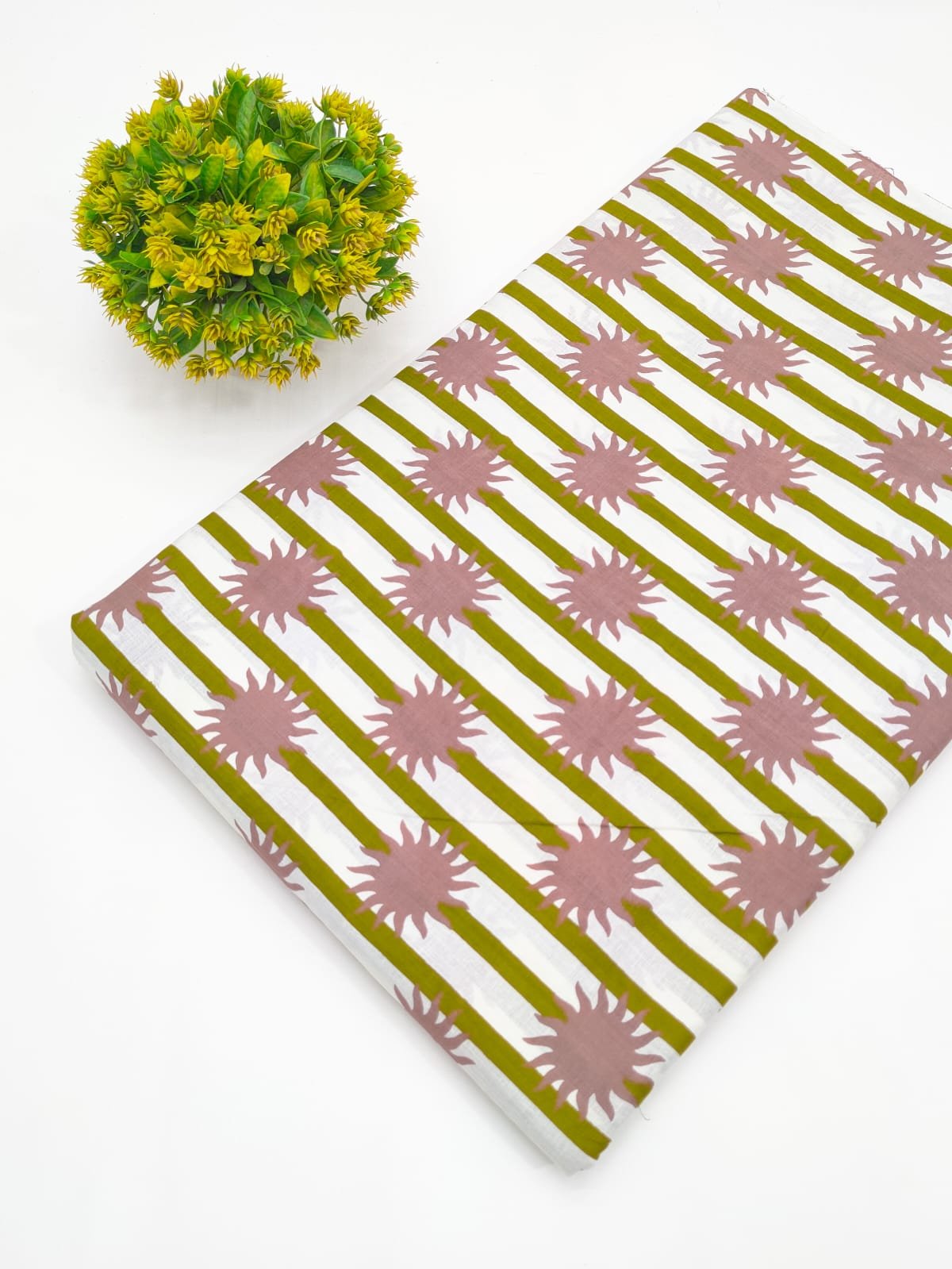 Olive Green Striped Sunburst Screen Print Pure Cotton Fabric