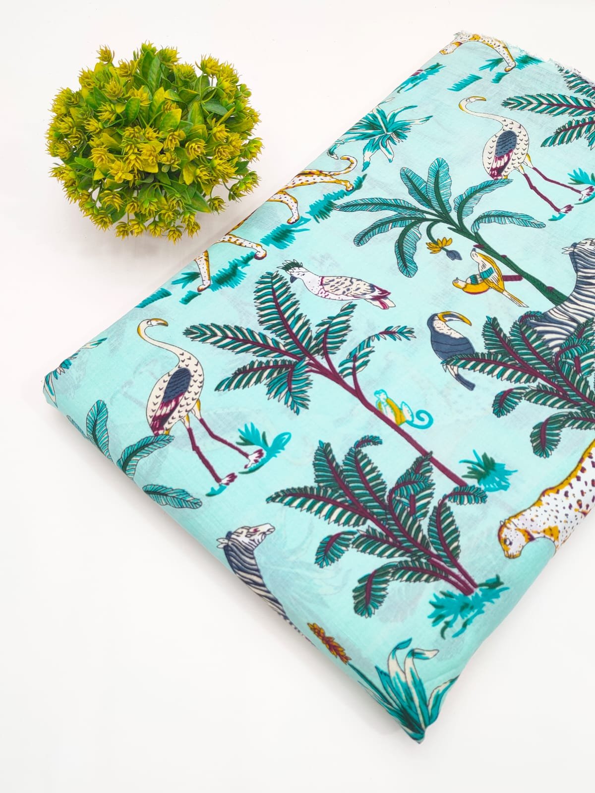 Aqua Animal Motif Screen Print Pure Cotton Fabric