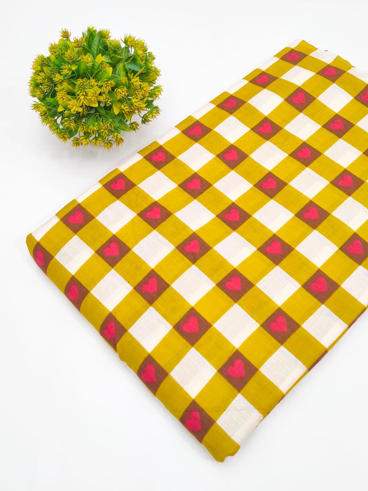 Mustard Checkered Heart Print Screen Print Pure Cotton Fabric