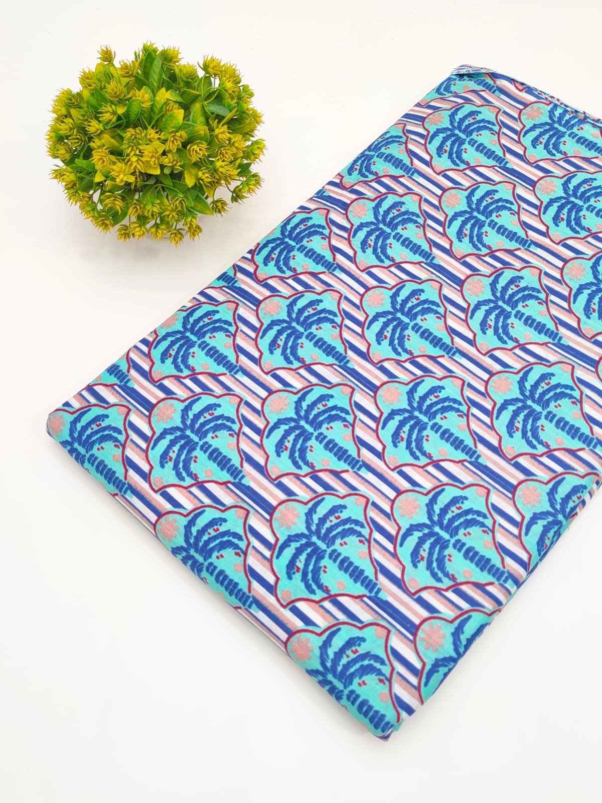 Aqua Tropical Leaf Screen Print Pure Cotton Fabric