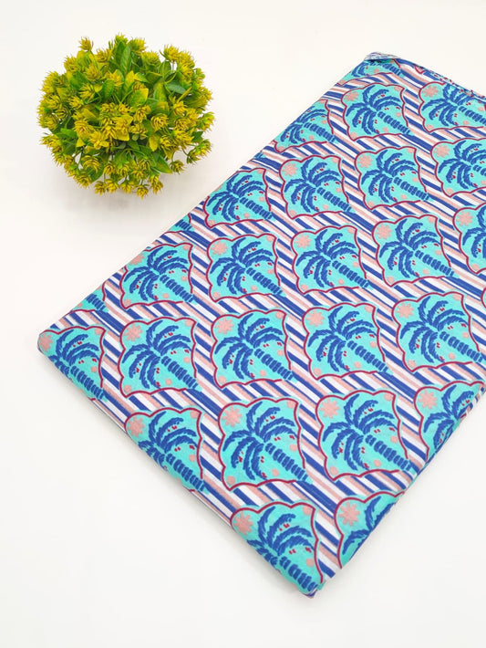 Aqua Tropical Leaf Screen Print Pure Cotton Fabric