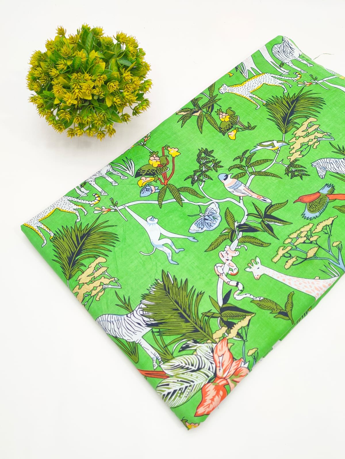Green Jungle Animal Screen Print Pure Cotton Fabric