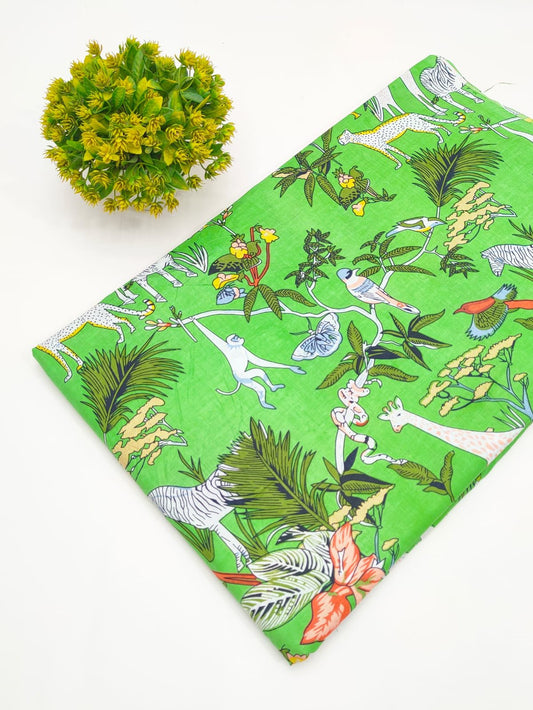 Green Jungle Animal Screen Print Pure Cotton Fabric
