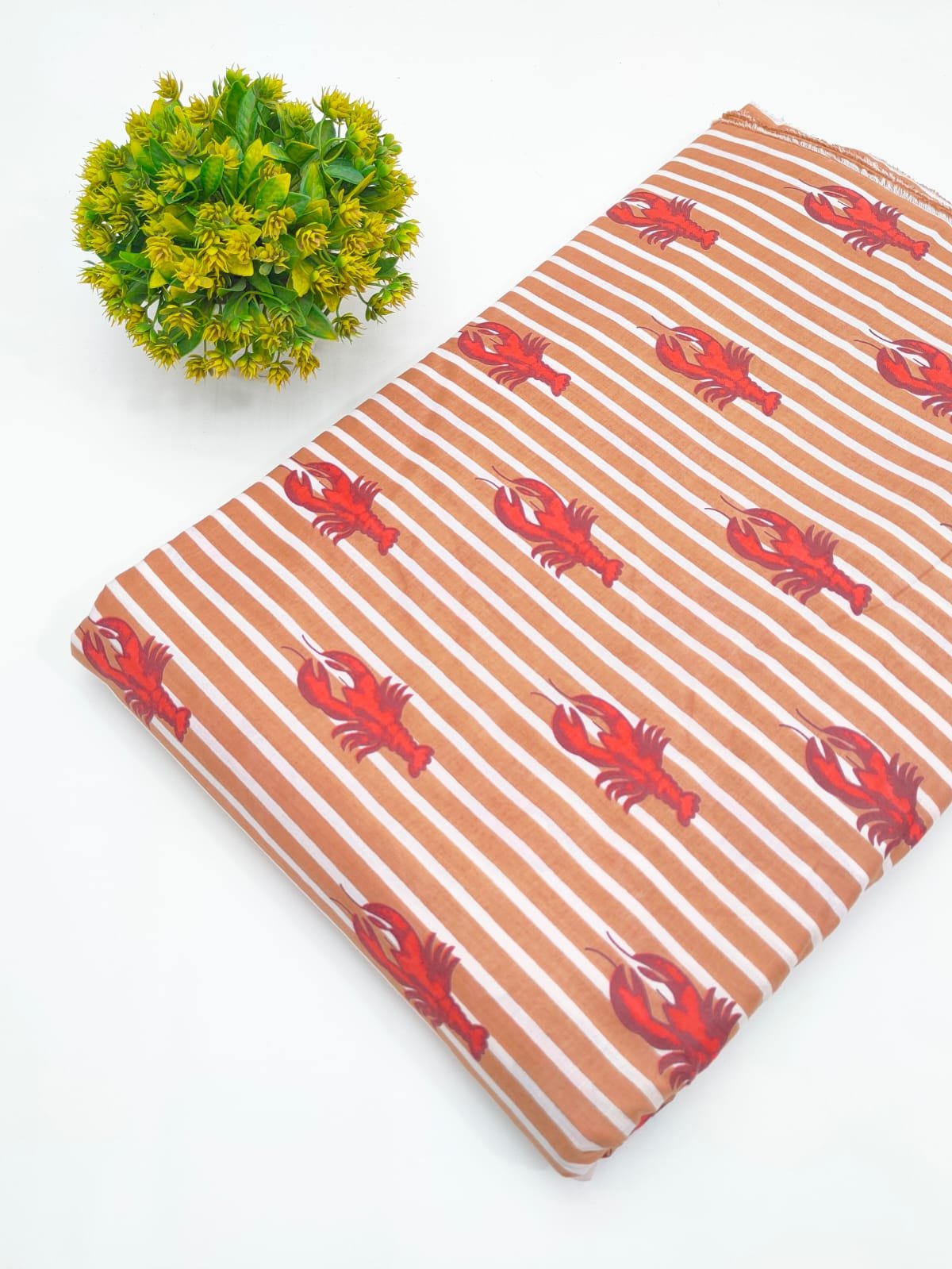 Terracotta Lobster Stripe Screen Print Pure Cotton Fabric
