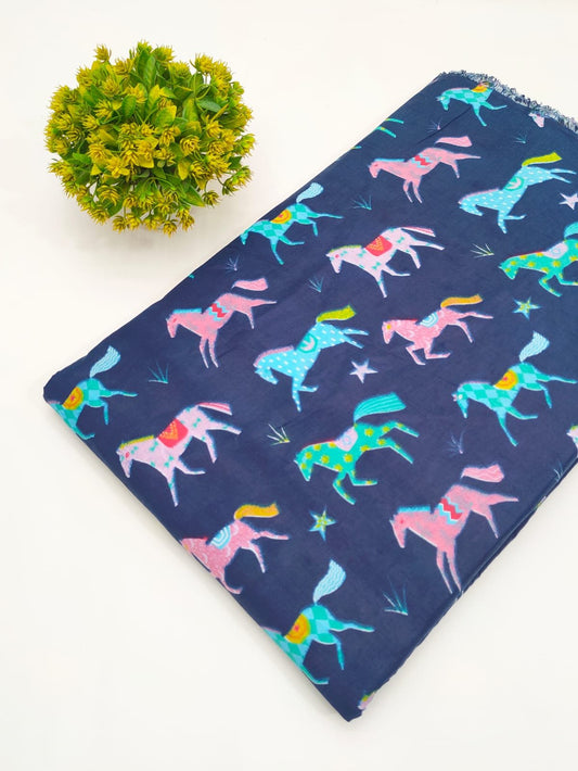 Navy Horse Print Screen Print Pure Cotton Fabric
