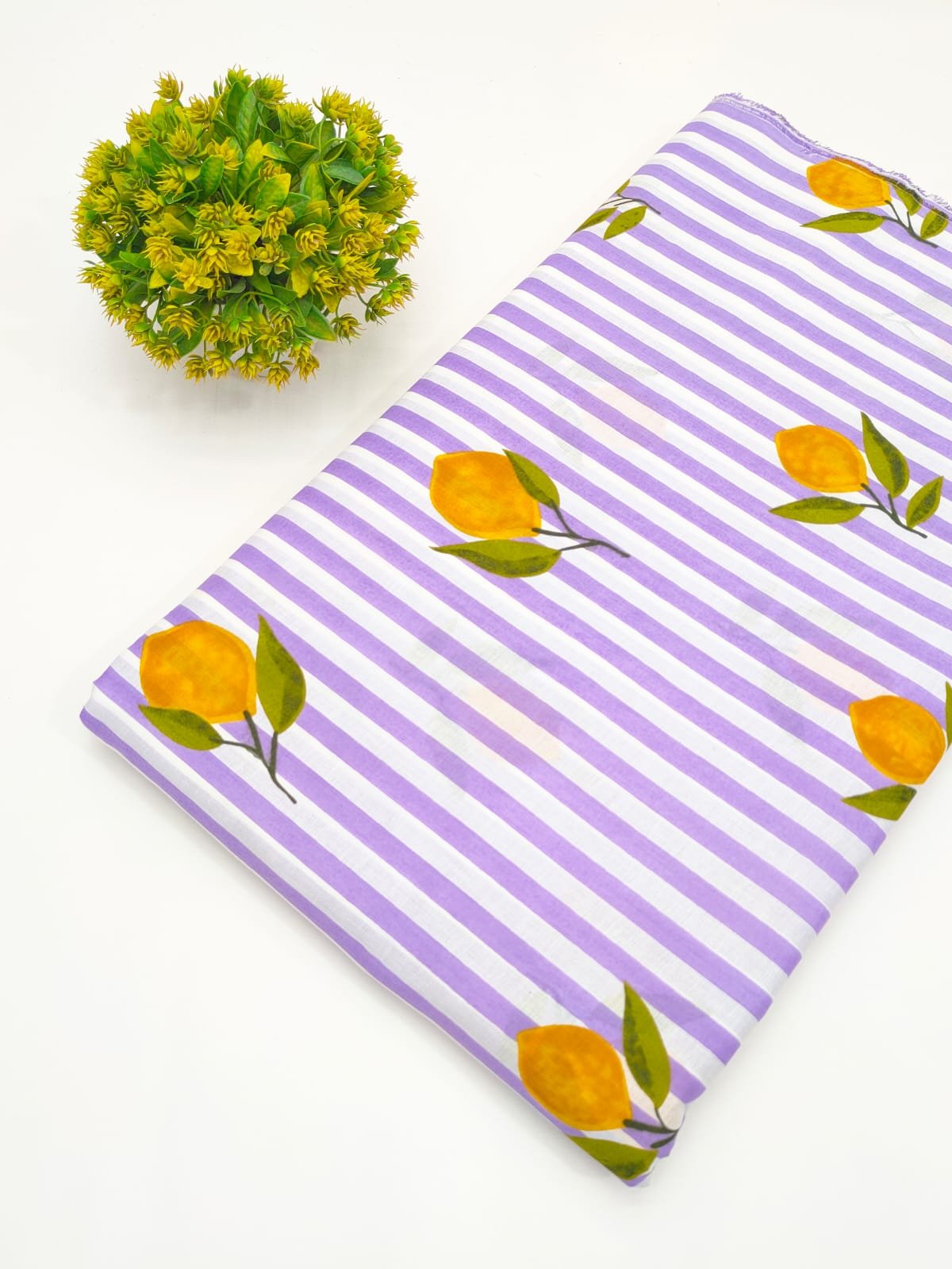 Lavender Striped Citrus Print Screen Print Pure Cotton Fabric